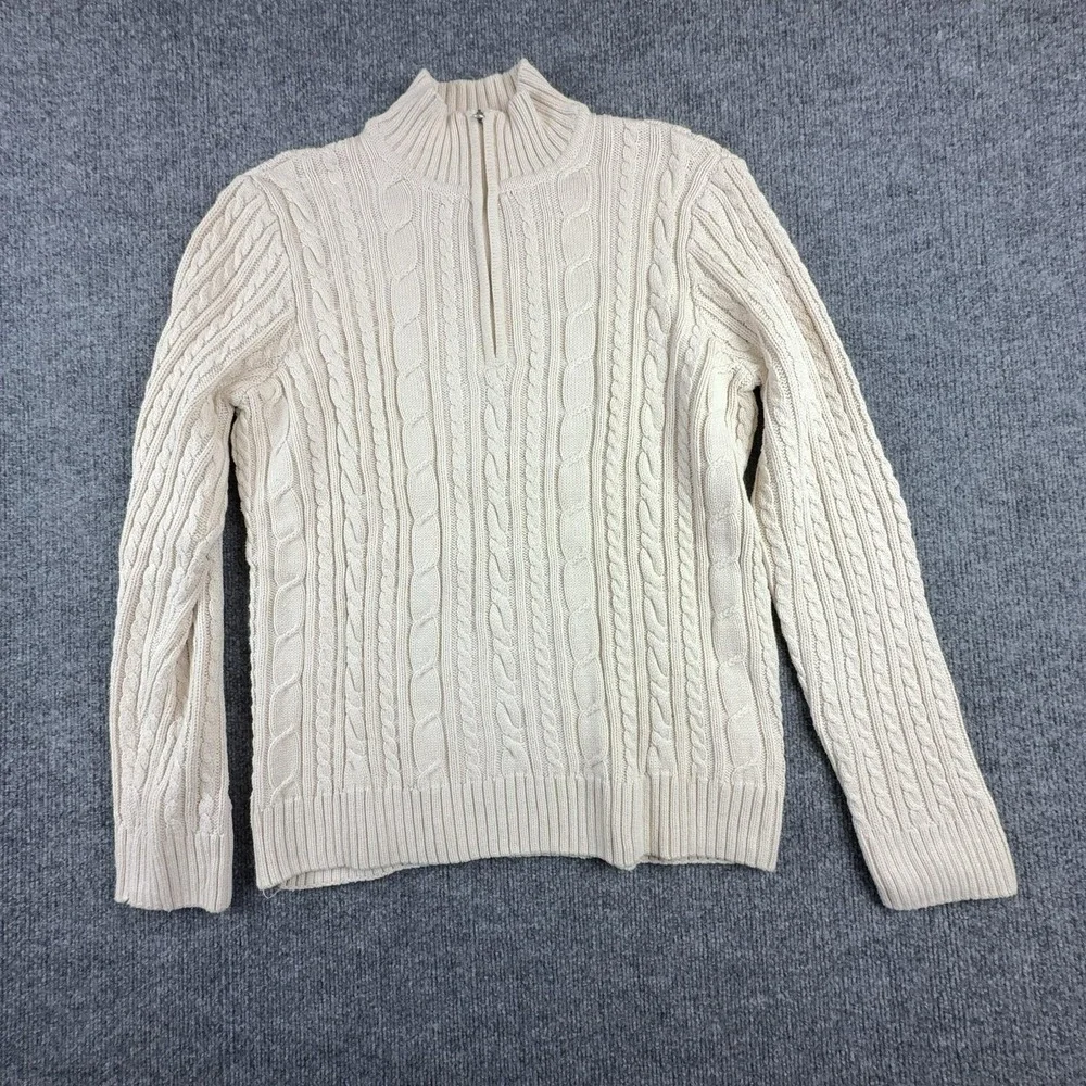 Croft&Barrow Sweater Mens XL White Cable Knit 1/4 Zip Mock Neck Cotton Pullover